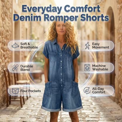 🌺Damen Freizeit Denim-Overall mit kurzen Ärmeln