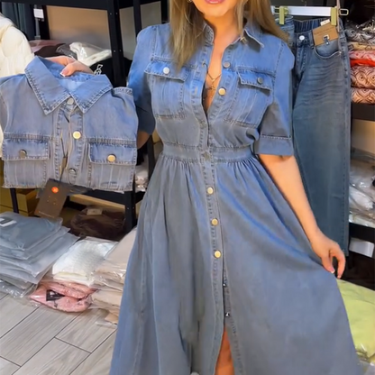 ✨Blaues Slim-Fit-Jeanskleid mit Kragen und Knöpfen für Damen