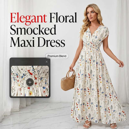 👗Maxikleid für Damen mit Blumenmuster, V-Ausschnitt und geraffter Taille