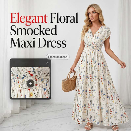 👗Maxikleid für Damen mit Blumenmuster, V-Ausschnitt und geraffter Taille