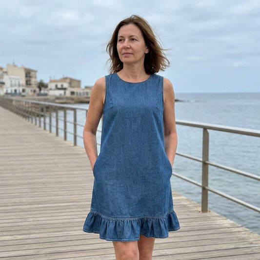 🌺Ärmelloses Jeanskleid für Damen mit Rüschen am Saum