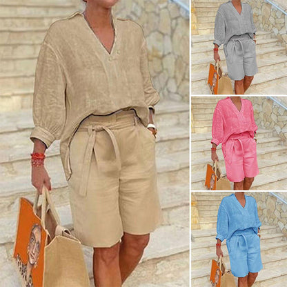 🌺Damen lässiges V-Ausschnitt-Oberteil und Shorts Set