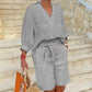 🌺Damen lässiges V-Ausschnitt-Oberteil und Shorts Set