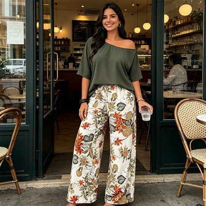 🌺2-teiliges Set aus schulterfreiem Oberteil und bedruckter Hose für Damen