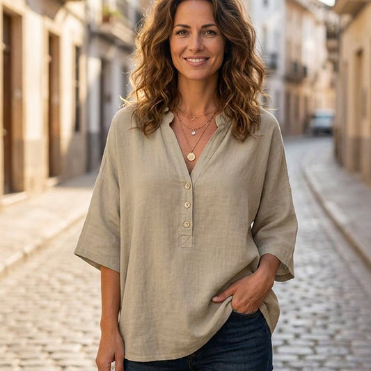 ✨Leichte Bluse mit V-Ausschnitt & Knopfleiste – figurschmeichelnd, knitterarm & leicht zu kombinieren – zu Hosen, Röcken & Shorts