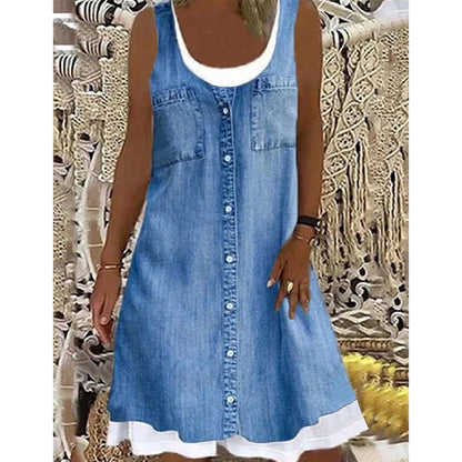 👗Zweiteiliges Damenkleid aus Kunstleder mit Jeansprint