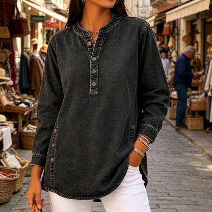 ✨Locker sitzendes Jeanshemd mit V-Ausschnitt für Damen
