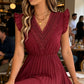 Damen Spitzen-V-Ausschnitt-Kleid mit Rüschenärmeln und Falten-Midi-Kleid