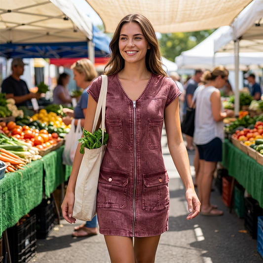 ✨Damen lässiges Kurzarm-Reißverschluss-Kleid