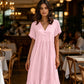 👗Midi-Kleid für Damen mit V-Ausschnitt, kurzen Ärmeln und Rüschen