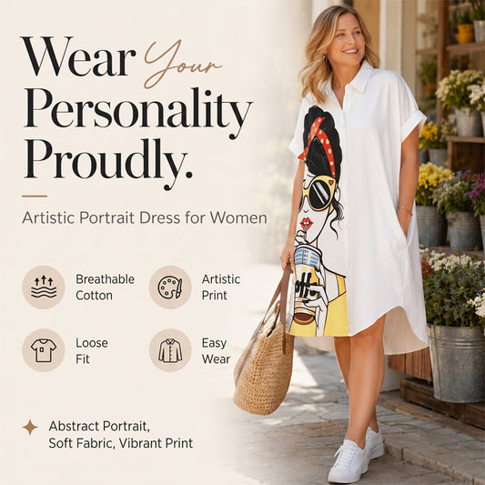 🌺Bedrucktes Hemdkleid für Damen im kunstvollen Porträtstil