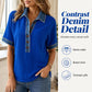 ✨Damen-Shirt aus Denim mit Kragen, V-Ausschnitt und kurzen Ärmeln