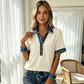 ✨Damen-Shirt aus Denim mit Kragen, V-Ausschnitt und kurzen Ärmeln