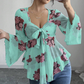 🌺Damenbluse mit Blumenmuster, quadratischem Ausschnitt und geknoteter Vorderseite