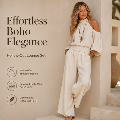 🌸 50% RABATT! 👗 Damen 2-teiliges Set – Cold-Shoulder Neckholder-Top & weite Hose – Leicht, elegant & vielseitig – Perfekt für Sommer & Urlaub ☀️