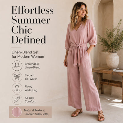 ✨Set aus einem Damen-Oberteil mit V-Ausschnitt und Bindeband vorne sowie einer Hose mit weitem Bein