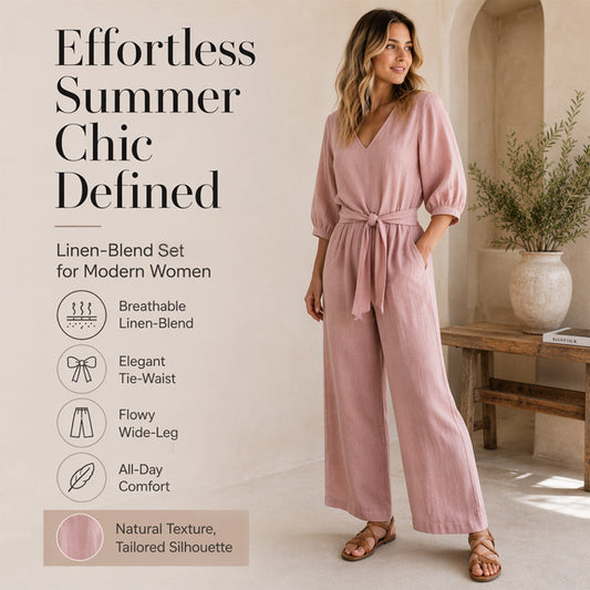 ✨Set aus einem Damen-Oberteil mit V-Ausschnitt und Bindeband vorne sowie einer Hose mit weitem Bein