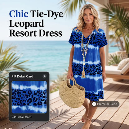 👗Lässiges Damenkleid mit Leopardenmuster und Batikmuster, V-Ausschnitt