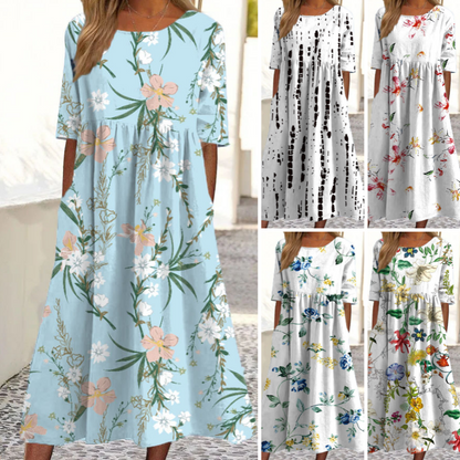 👗🌸 Elegantes langes Damenkleid mit Blumenmuster und Rundhalsausschnitt