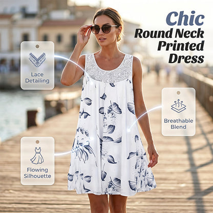 🌺👗Ärmelloses Damenkleid mit Rundhalsausschnitt und Print