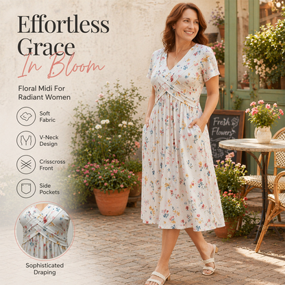 🌸👗 Blumiges Kleid mit V-Ausschnitt und Twist-Detail an der Taille – elegant und lässig für alle Anlässe
