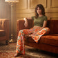 Damen Blumenprint-Hochtaillierte-Weitbein-Hose