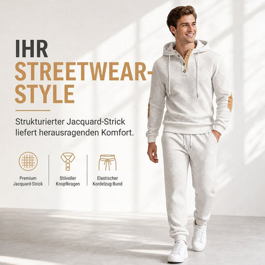 🛍️✨Herren 2-teiliges Jacquard Kapuzenpullover Set Herbst Winter lässiger Kapuzen-Sweatshirt und Sweathose Trainingsanzug