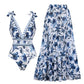 💥 Sonderangebot: 50 % Rabatt 💥 V Neck Lace Up Printed One Piece Swimsuit And Skirt