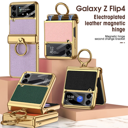 Galvanisiertes Leder-Magnetscharnier-Handyhülle für Samsung Galaxy Z Flip4 Flip3 5G